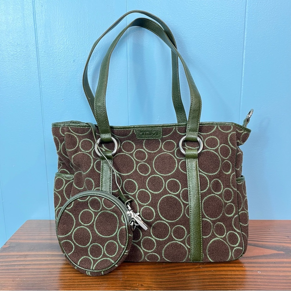 TUMI Wool Leather Trim Tote Shoulder Bag and Wallet Brown Green 13"x9.5" Circles